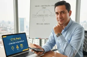 Un profesional en una oficina en Perú calcula la CTS. Sobre su escritorio tiene una laptop, una calculadora y un folleto de la SUNAT, mientras una pizarra al fondo explica el cálculo.