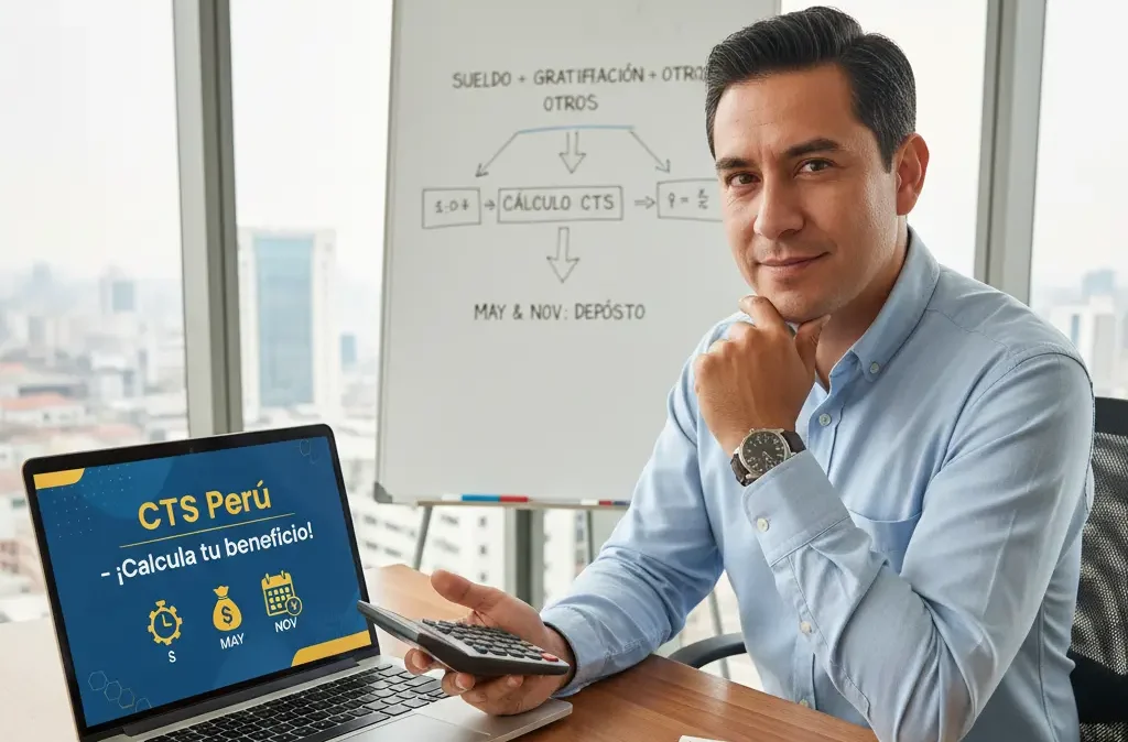 Un profesional en una oficina en Perú calcula la CTS. Sobre su escritorio tiene una laptop, una calculadora y un folleto de la SUNAT, mientras una pizarra al fondo explica el cálculo.